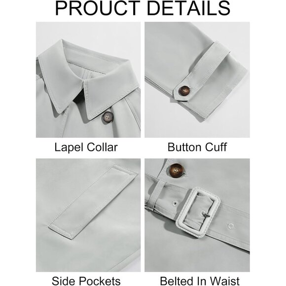 Mens Light Grey Double Breasted Belted Windbreaker Jackets Lapel Trench Coat - Picture 5 of 5